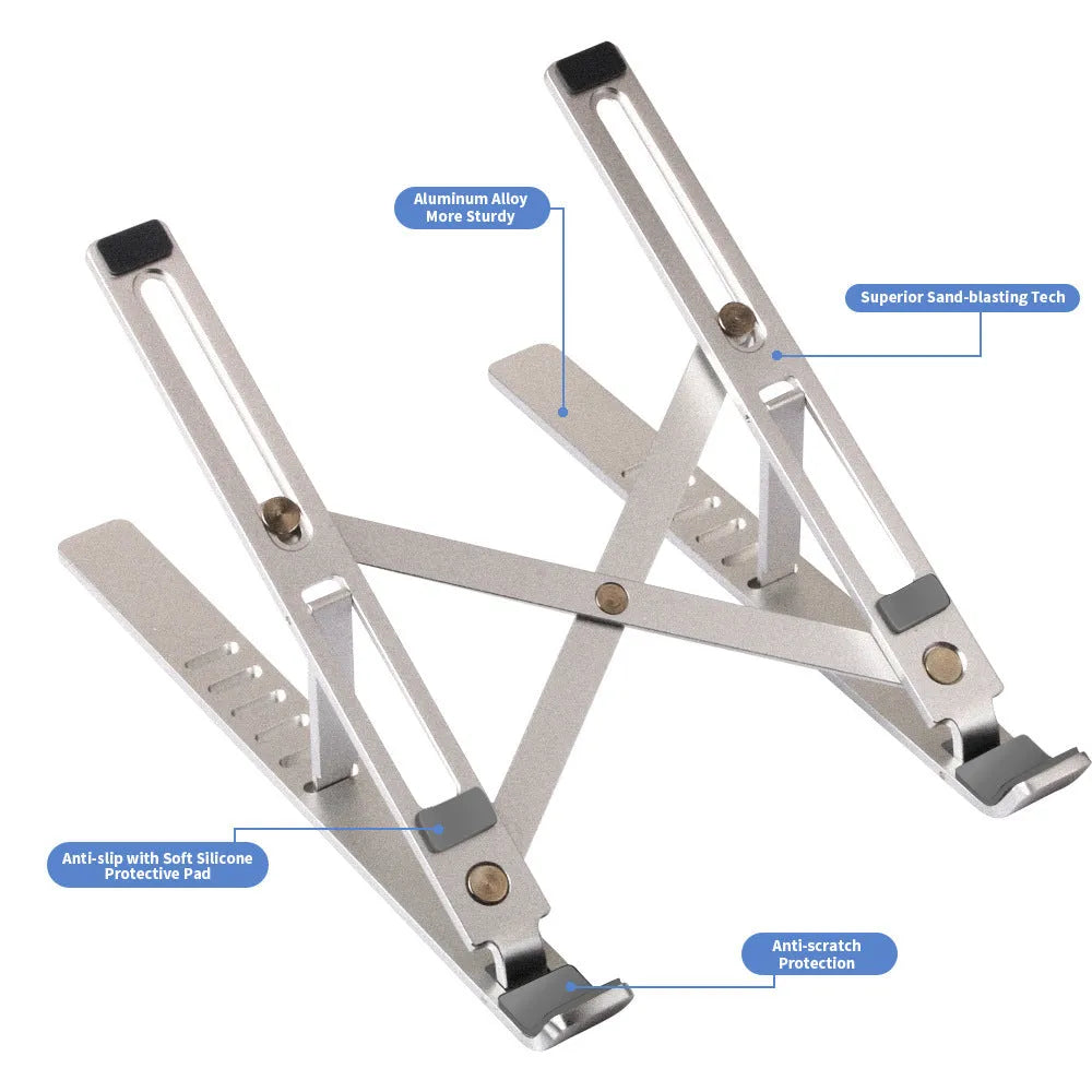 Silver aluminium alloy laptop stand in folded position showing adjustment gears