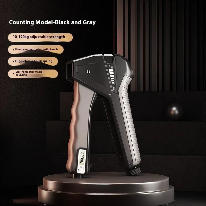 Adjustable hand gripper fitness equipment with a mechanical counter and dial on a coloured PP plastic frame.