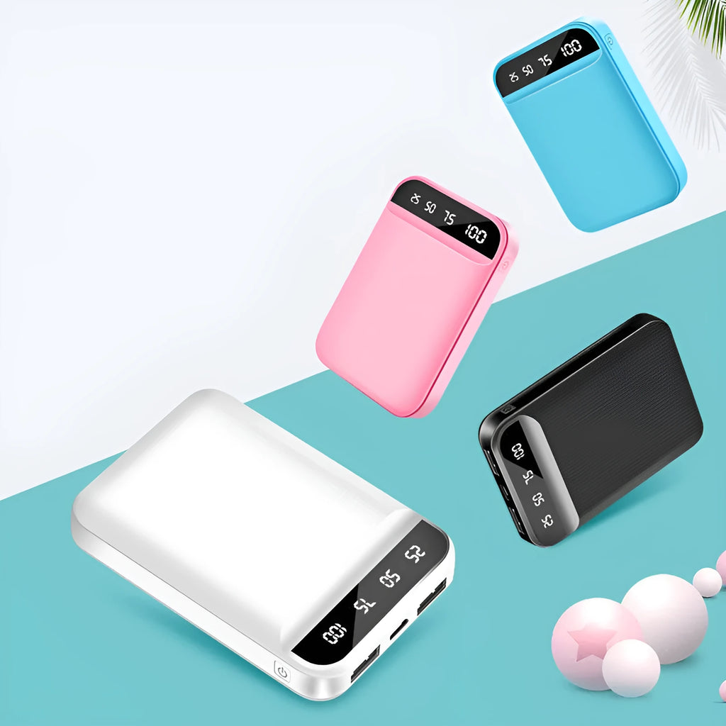Compact rectangular mini power bank in choice of colours showing multiple USB ports for charging devices