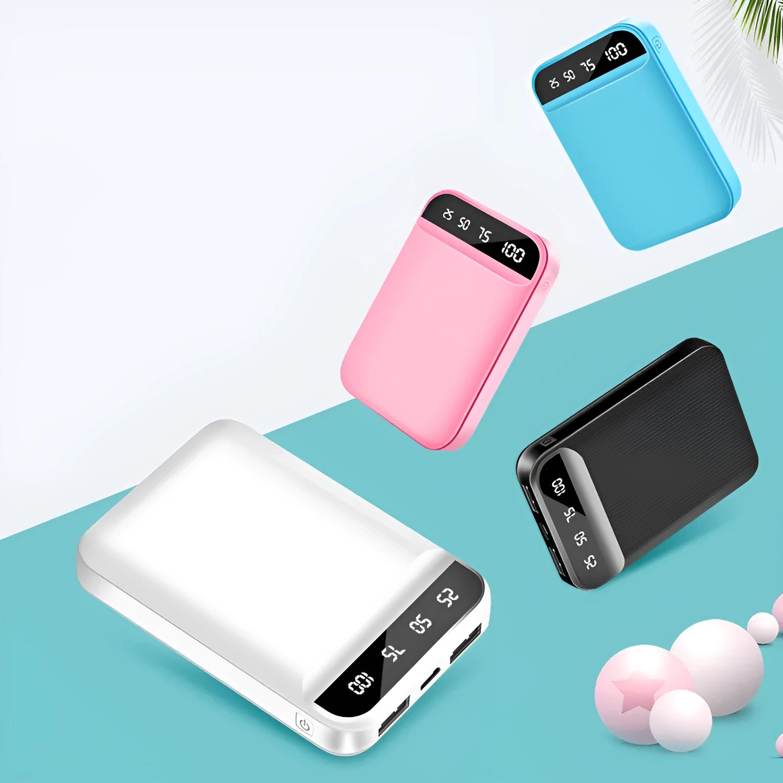 Compact rectangular mini power bank in choice of colours showing multiple USB ports for charging devices