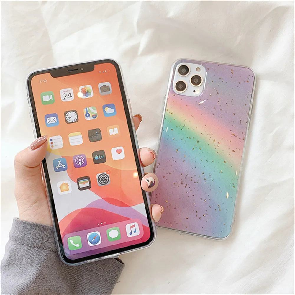 Rainbow gradient TPU phone case with striped design on an iPhone.