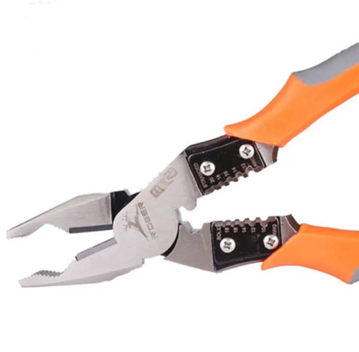 Orange multi-function wire cutter pliers with chrome steel jaws and plastic handles.