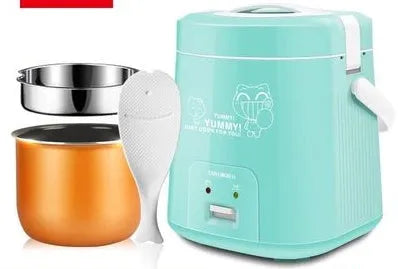 Compact round miniature rice cooker with steaming tray in blue, shown with non-stick liner and mechanical control panel.