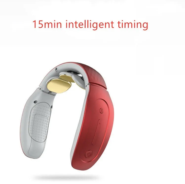 Small red and white intelligent cervical massager unit with three contact points and battery power.