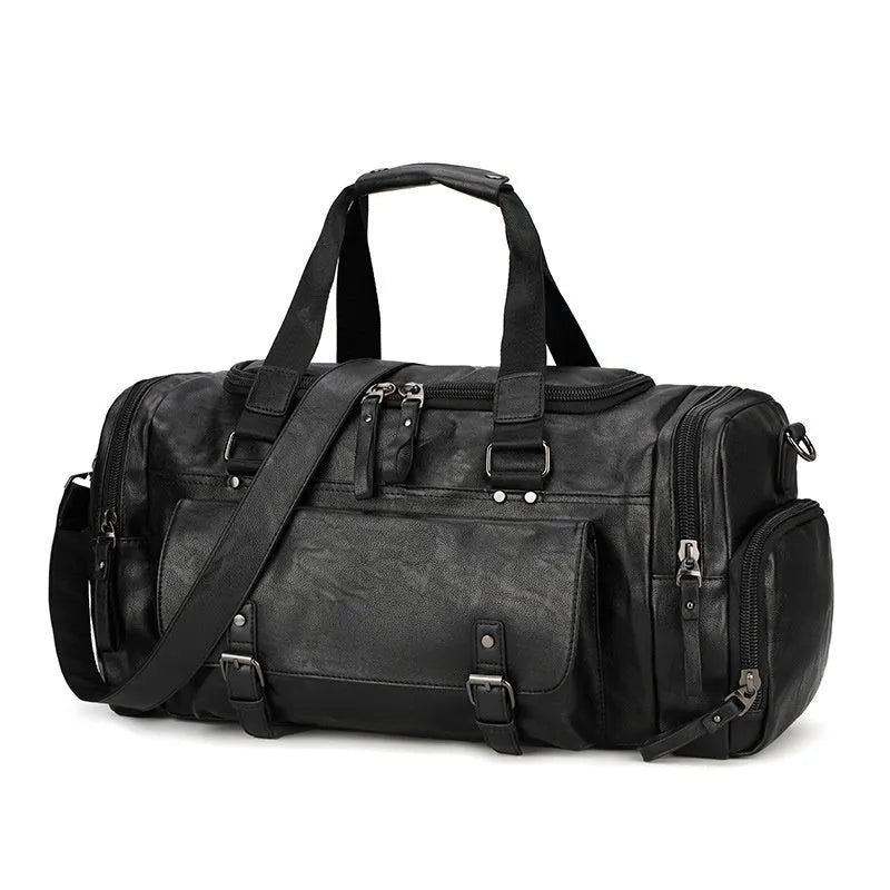 Black PU travel bag with separate shoe compartment, dimensions 52cm x 19cm x 27cm