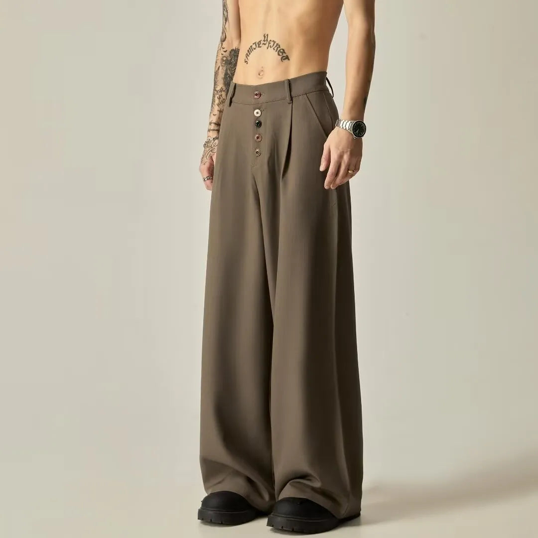 Men's solid colour straight-leg trousers in cotton-polyester blend fabric shown in black and brown colours
