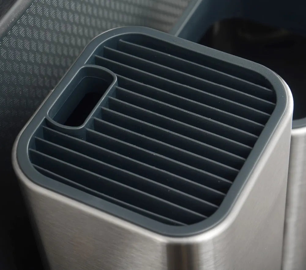 Stainless steel kitchen knife holder with storage bucket in black colour showing detachable drainage base