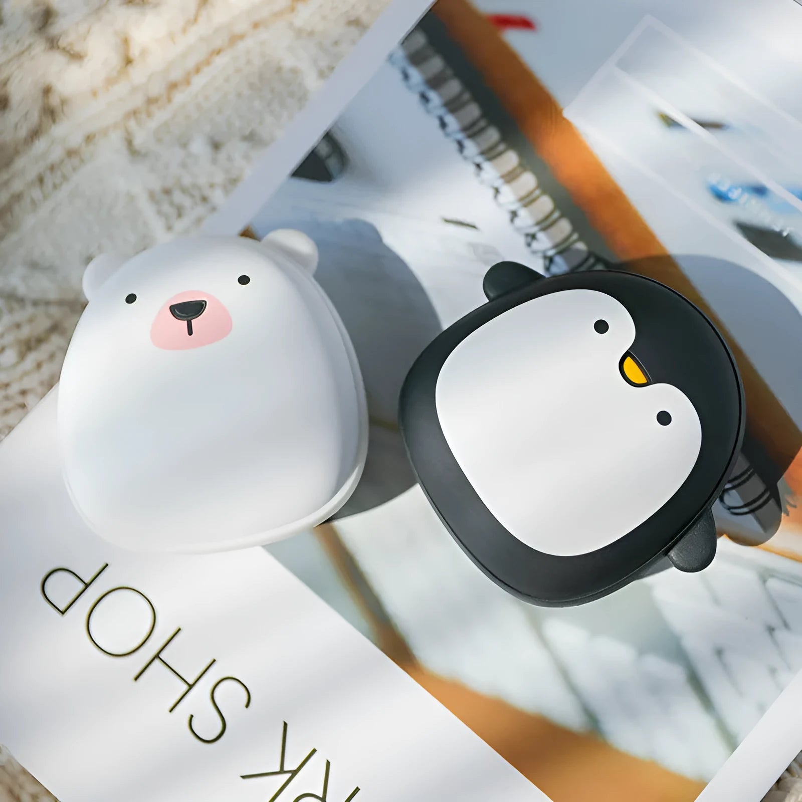 Cartoon penguin polar bear design USB rechargeable electric hand warmer power bank showing double-side heating