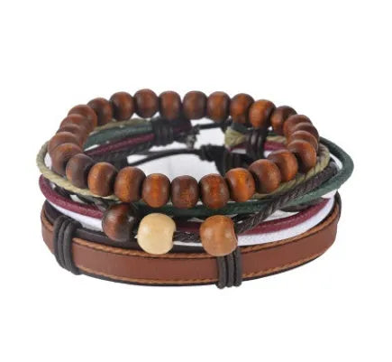 Handmade adjustable leather wrap bracelet with wooden beads on a wrist.