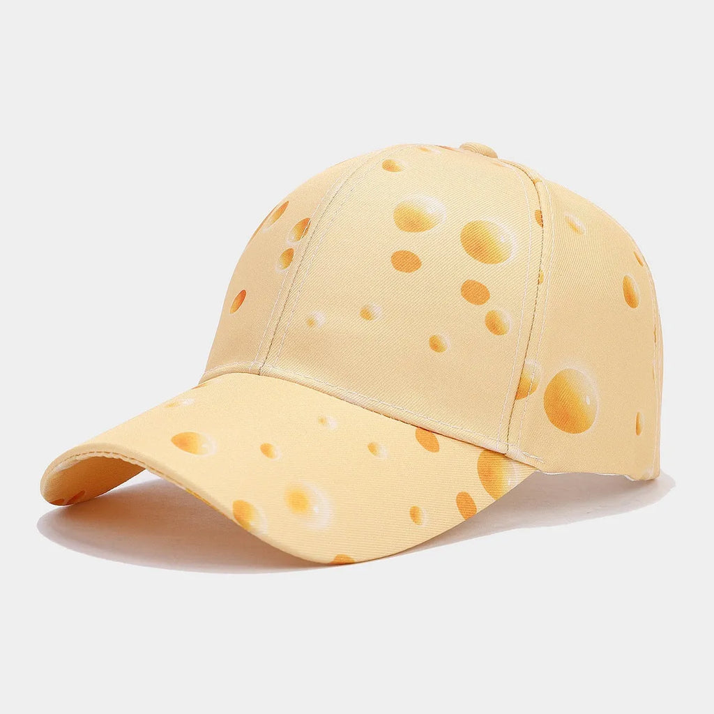 Cheese pattern printed adjustable peaked cap with dome crown style