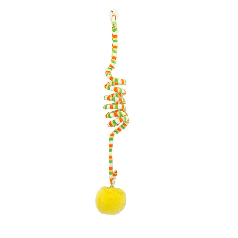 Colourful spring-mounted cat toy with an inflatable ball and bell, shown with a suction cup for hanging.