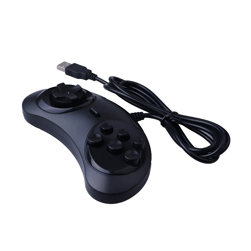 Black USB game controller with 1.8 metre wire and Sega-style button layout
