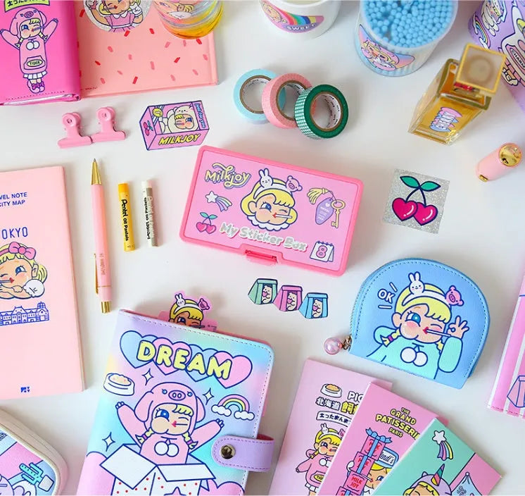 Cartoon sticker pack with 16 PVC stickers and storage box showing cute girl and heart designs