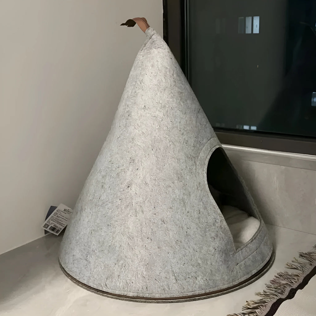 Grey handmade felt cone cat house with 50cm diameter base