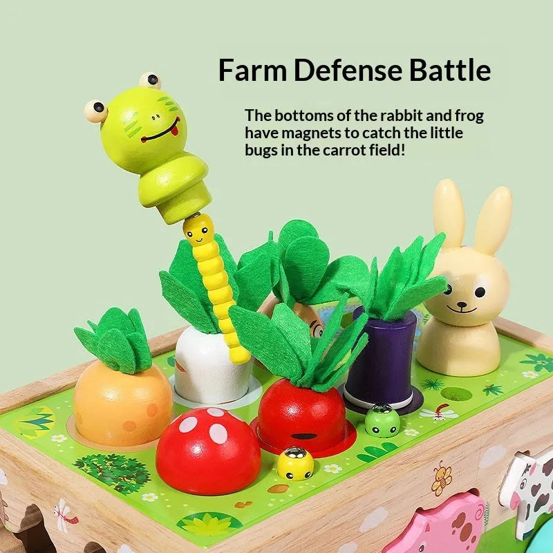 Children's wooden puzzle toy farm animal car with radishes and insects for infants