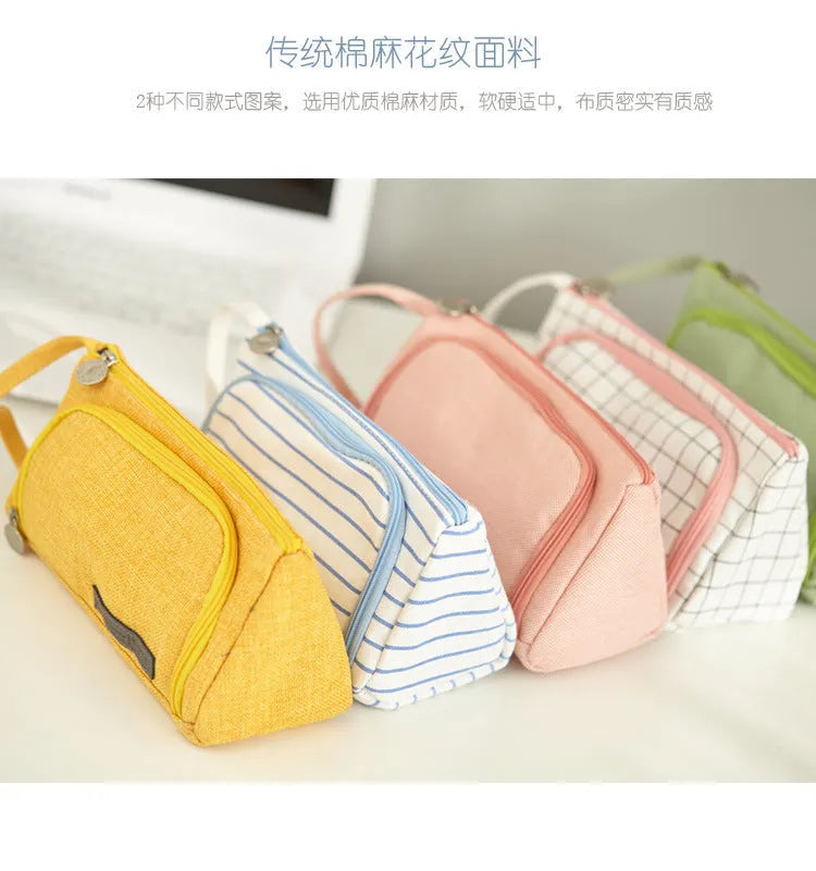 Canvas plaid pencil case with striped Korean style square shape