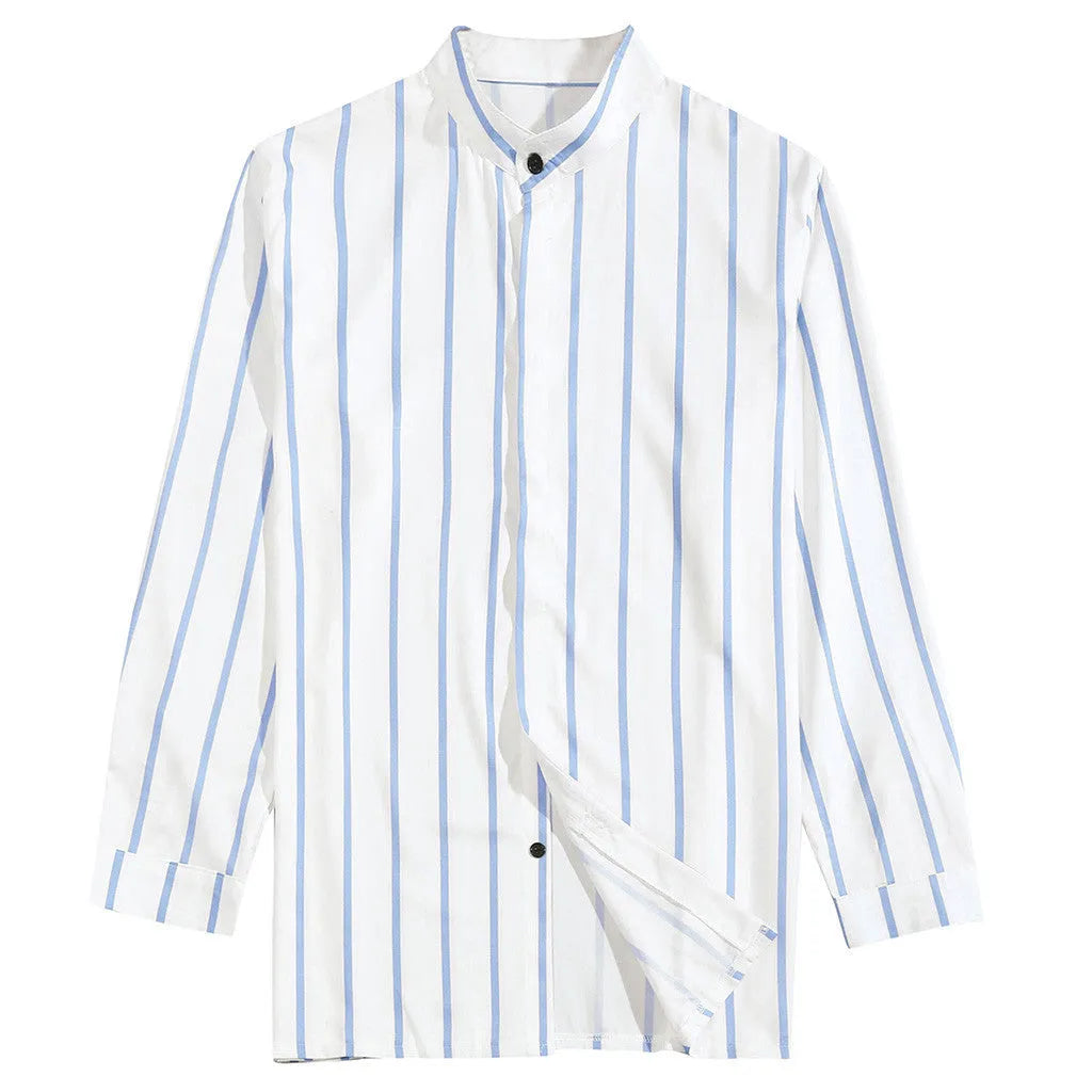 Men's striped wide lapel button cardigan long sleeve casual shirt in blue summer cotton polyester