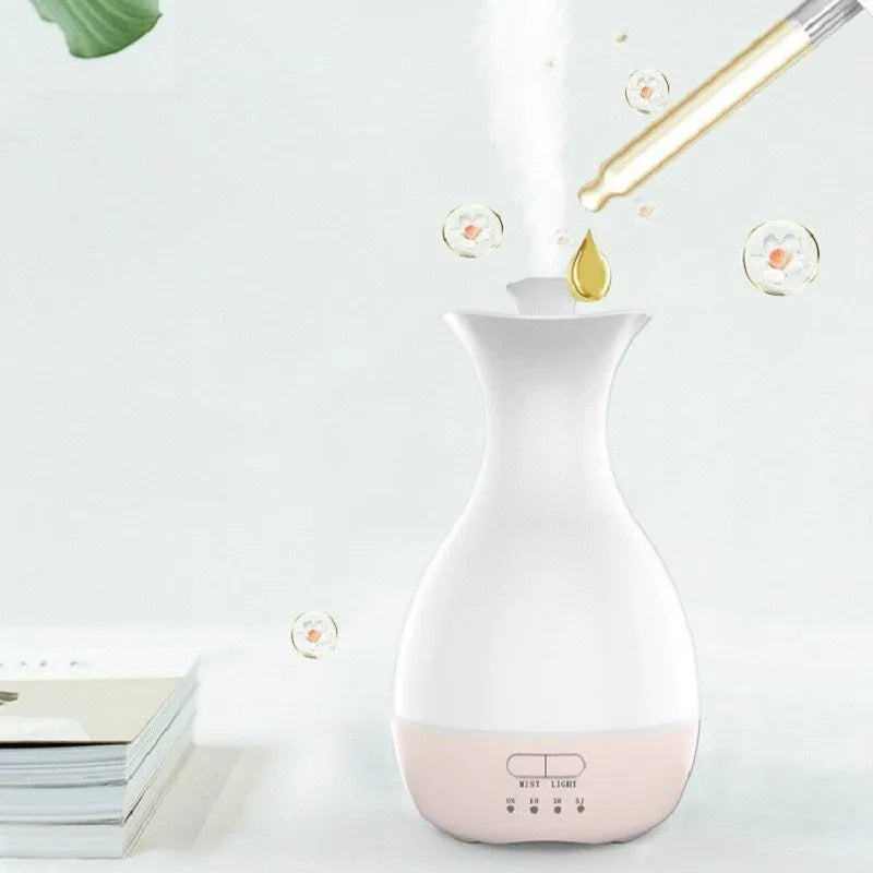 White or pink ultrasonic aromatherapy vase diffuser with 200ml tank and colour-changing LED night light