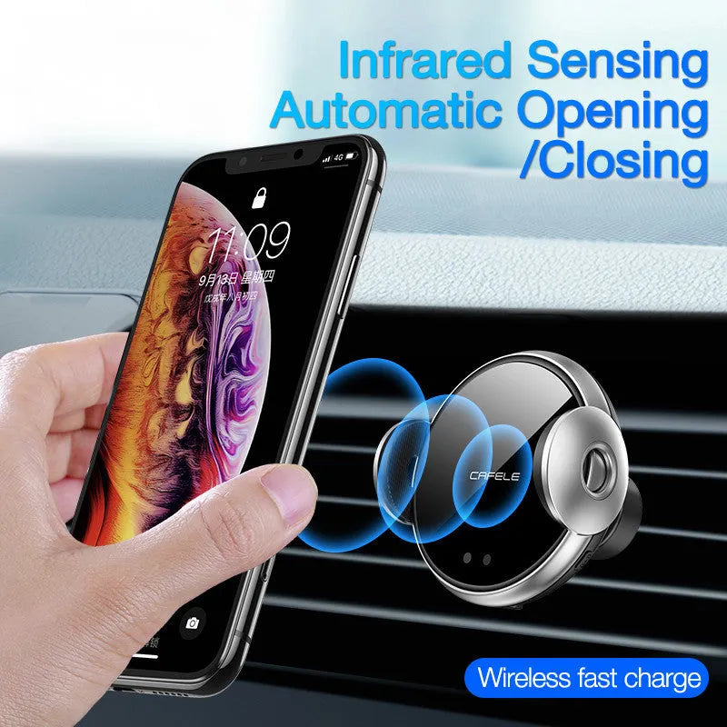Black wireless car phone charger holder with Qi standard, adjustable 63-88mm, ABS and silicone build
