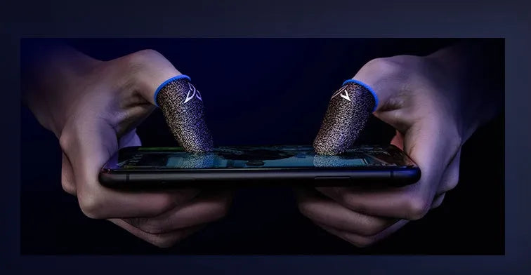 Green gaming thumb sleeve with a reflective logo, made from silver fibre yarn for sweat absorption.