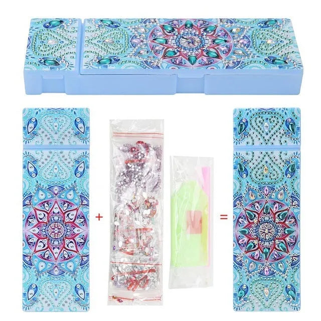 DIY diamond painting kit for making a personalised PU leather pencil case or wrist bag with resin sequins.