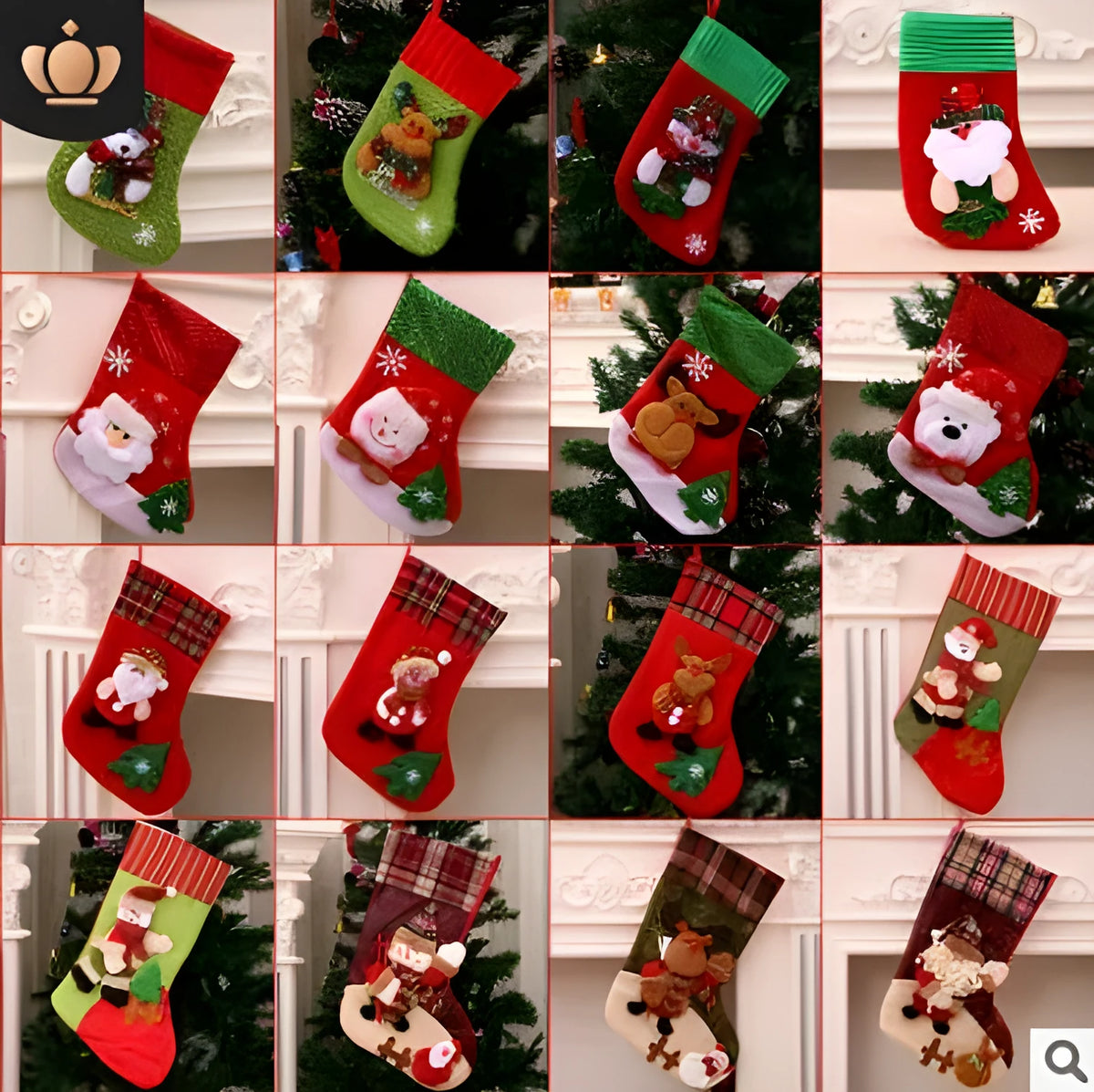 Red cloth Christmas sock with sequin detail hanging on tree branch
