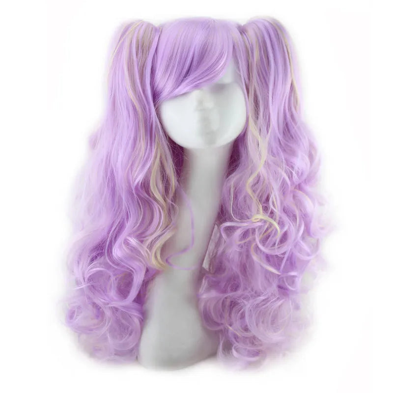 Colorful long curly synthetic wig with high temperature wire hairline in a pink gold colour option
