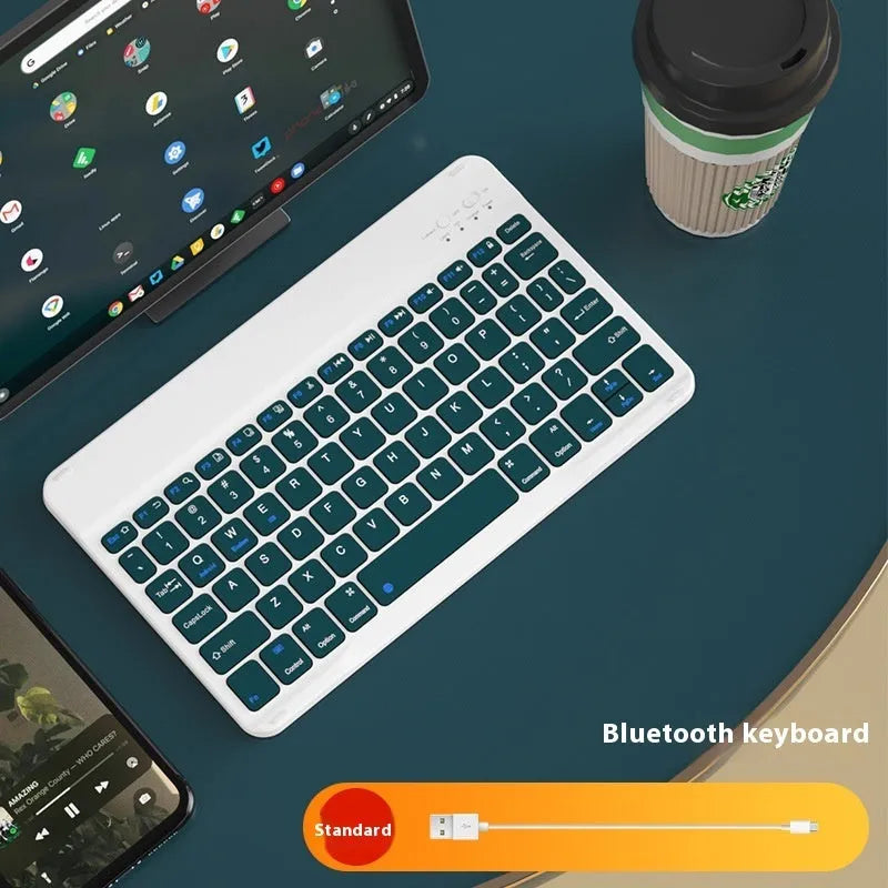 Bluetooth keyboard for tablet in ABS plastic, showing colour options including white, green, and pink.