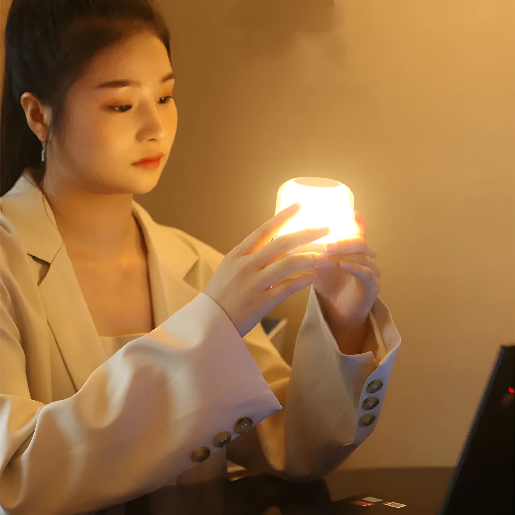 Fast charging wireless charger table lamp two-in-one with white finish, featuring 15W charging pad and warm night light on a wooden desk