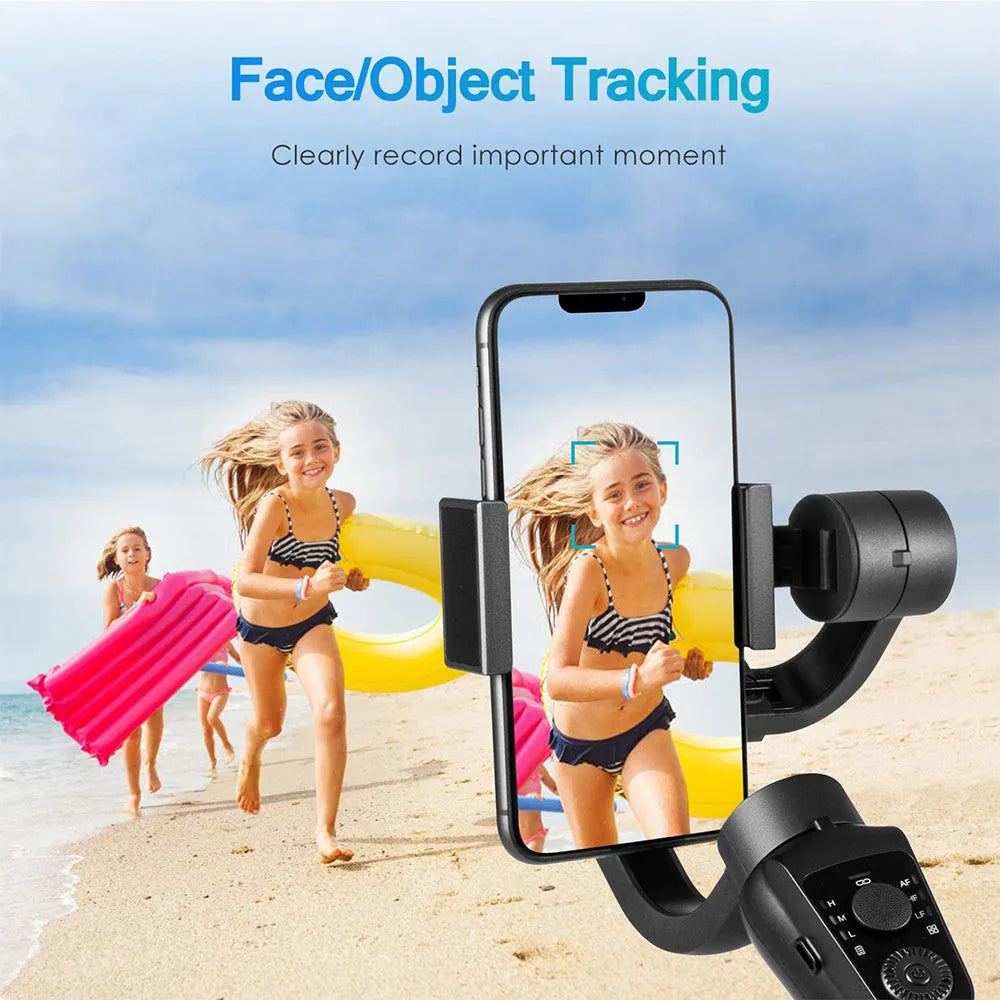 Black three-axis handheld gimbal stabiliser for mobile phone with PPA+nylon arm, ABS+PC handle, and tripod