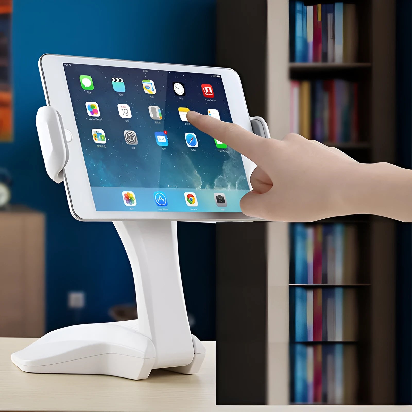 White adjustable tablet stand holding a tablet at 250mm height with clip stretching mechanism