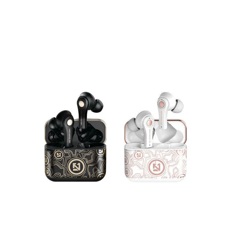 Black and white TWS touch in-ear wireless headphones with a charging case on a table.