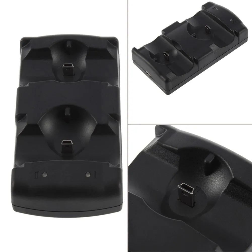 Black PS3 dual USB charging dock for two controllers with included cable.