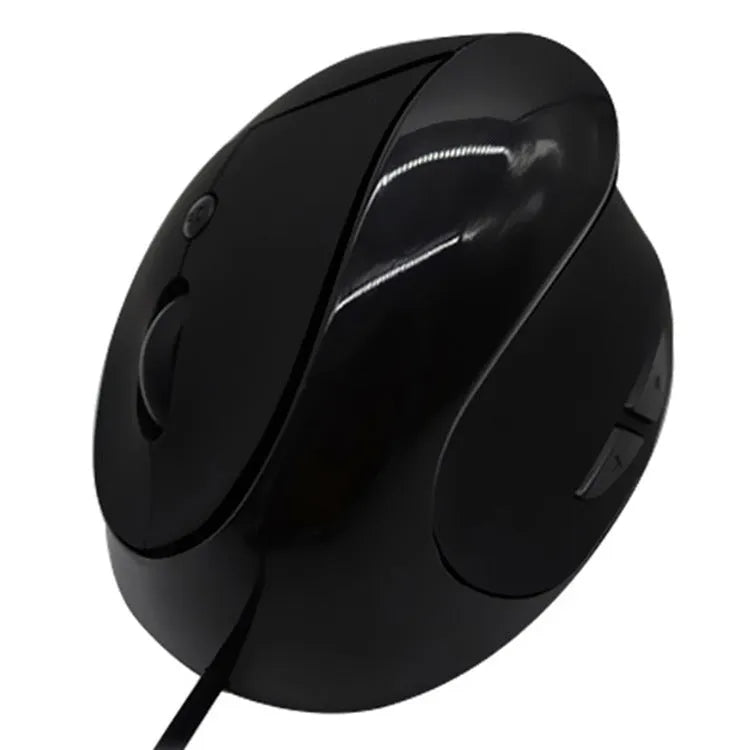 Ergonomic vertical wired computer mouse in multiple colour options on a desk