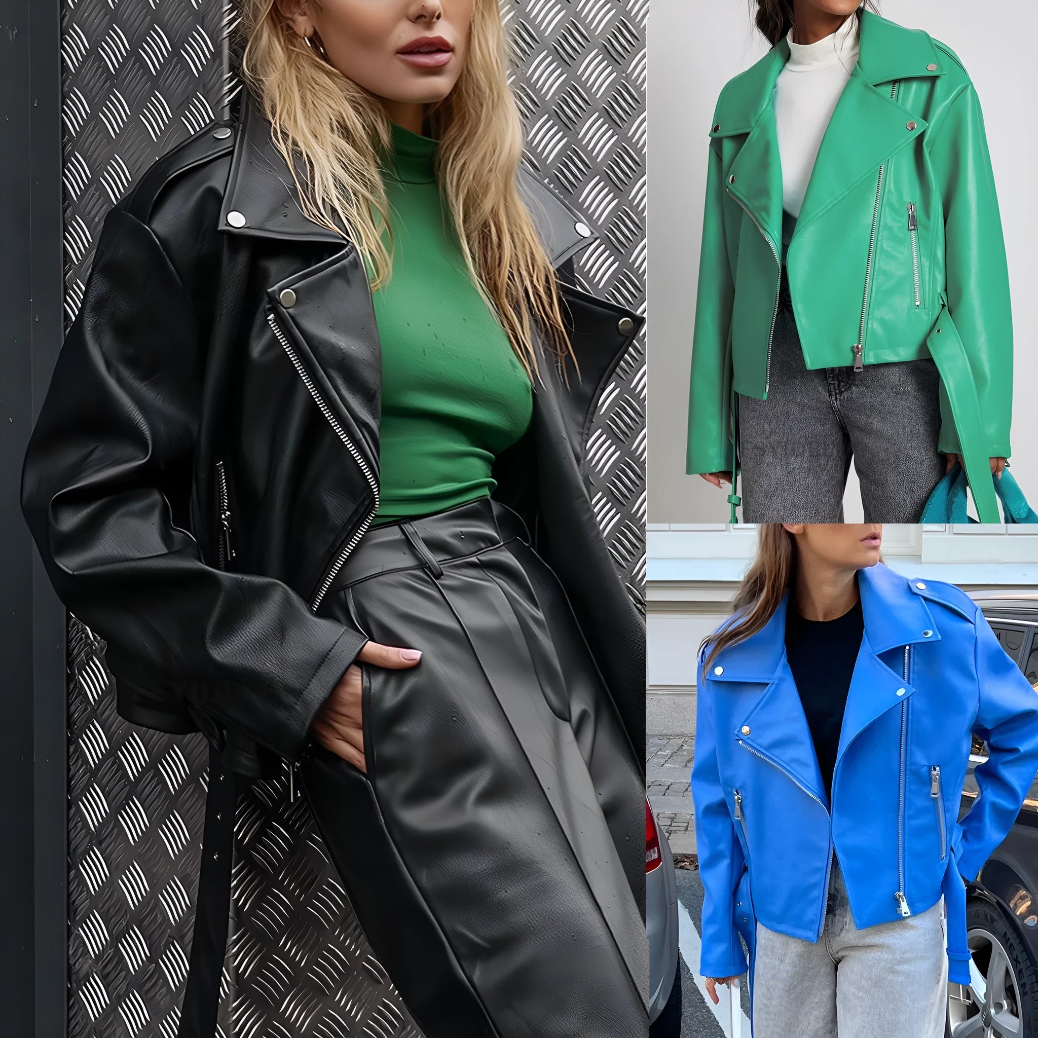 Punk style short belt lapel locomotive jacket in polyester leather, available in black, blue, and green.