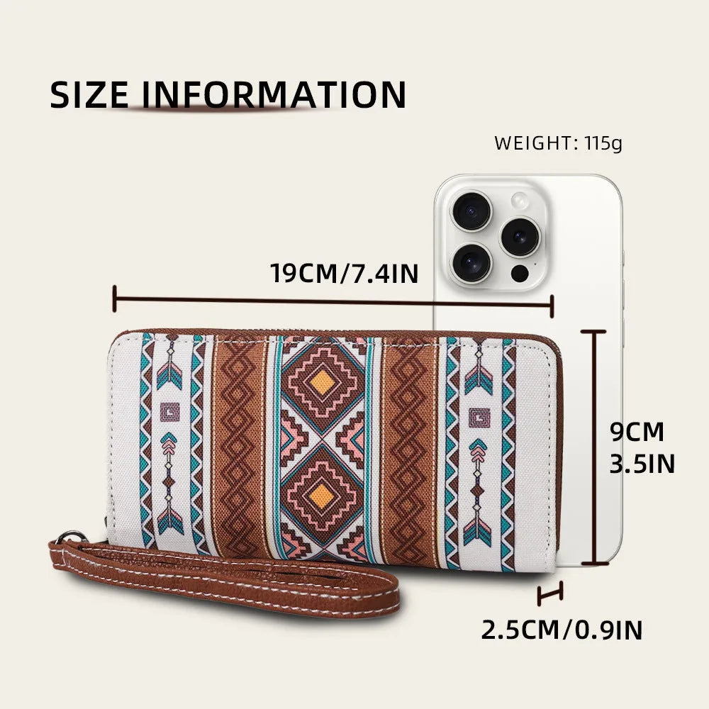 Bohemian striped canvas RFID wallet with wind belt closure in beige colour