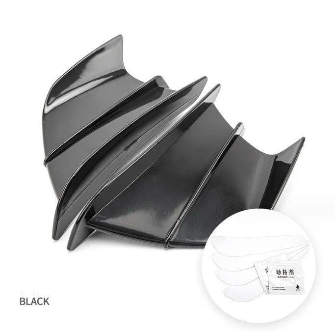 Universal motorcycle spoiler wing accessory measuring 18x8cm with four surface pattern options
