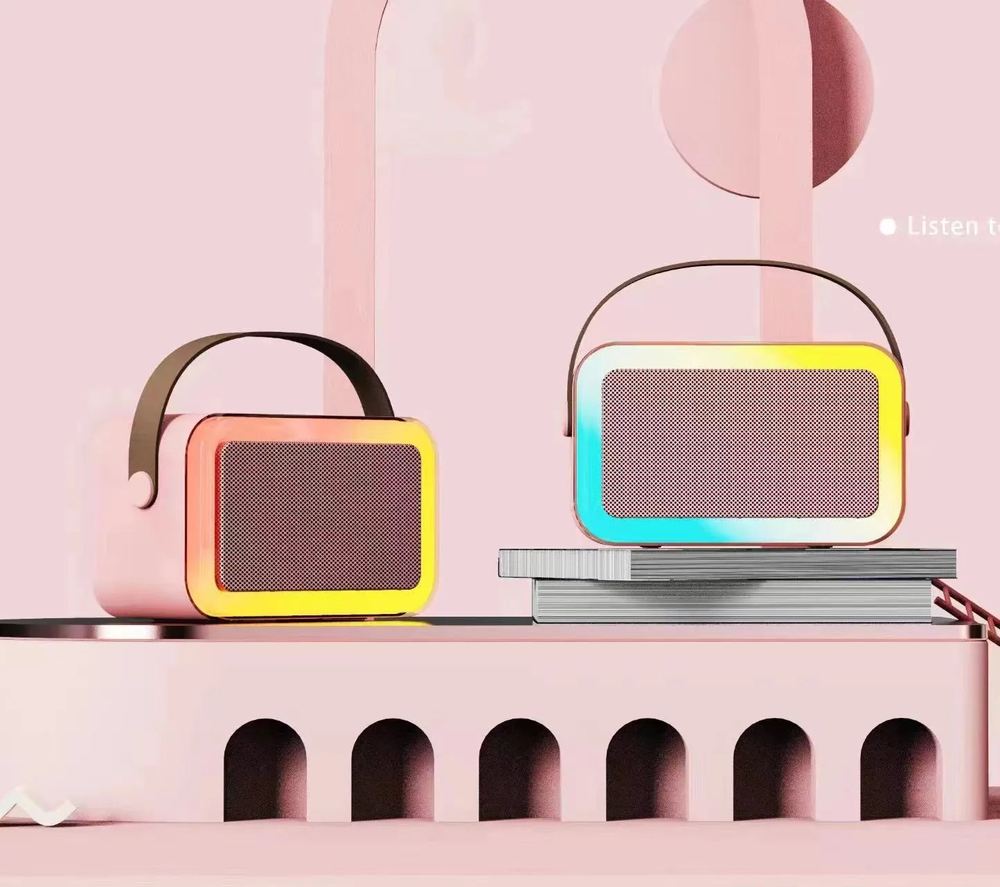 Pink, sky blue, and white portable Bluetooth karaoke microphone speaker with coloured lights.
