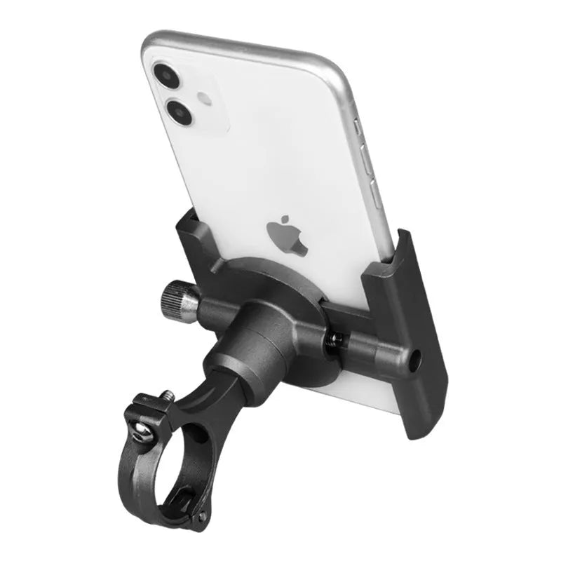 Black aluminium alloy bicycle phone holder mounted on handlebar, sized for phones 55-100mm wide.
