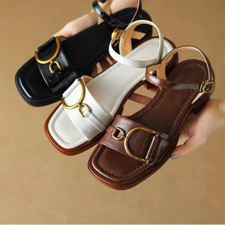 Women's casual leather sandals with thick rubber sole and button closure in black, beige, or brown.