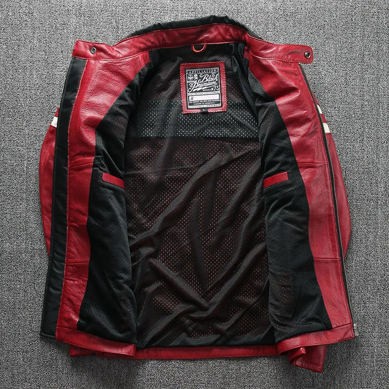 Motorcycle leather jacket in cowhide with stand-up collar and zipper front, shown in black