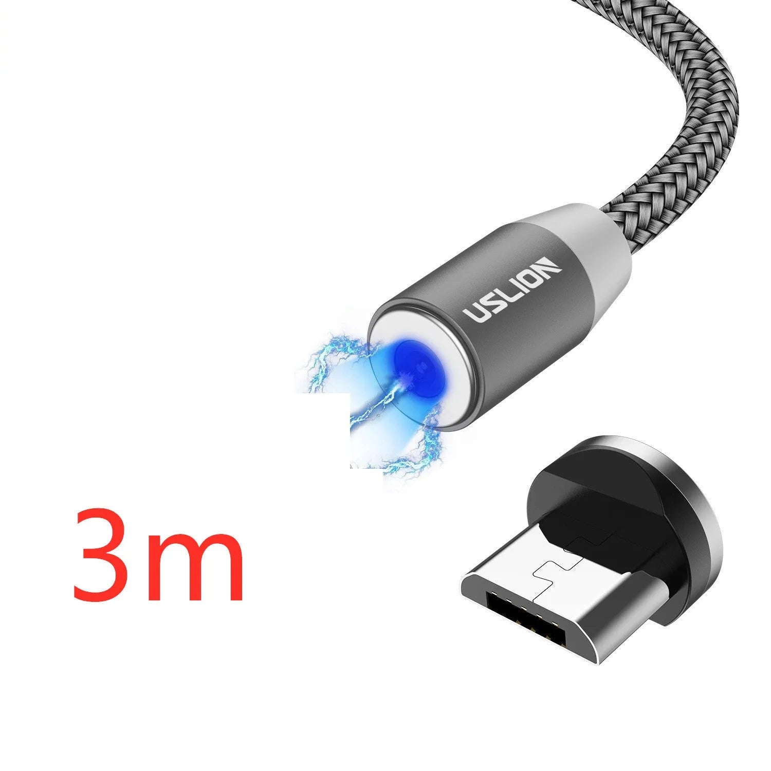 USLION circular magnetic charging cable in black, showing magnetic connector and plug for Android, iOS, or Type-C device.