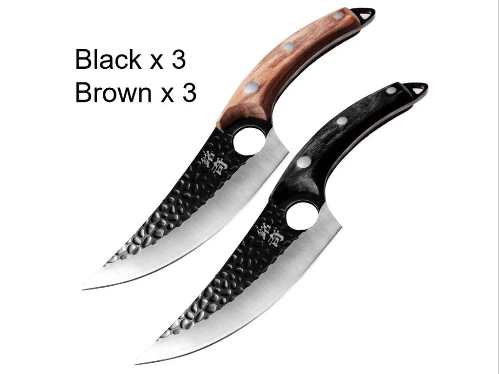 Curved boning butcher knife with hammer-pattern blade and brown leather sheath on a cutting board.