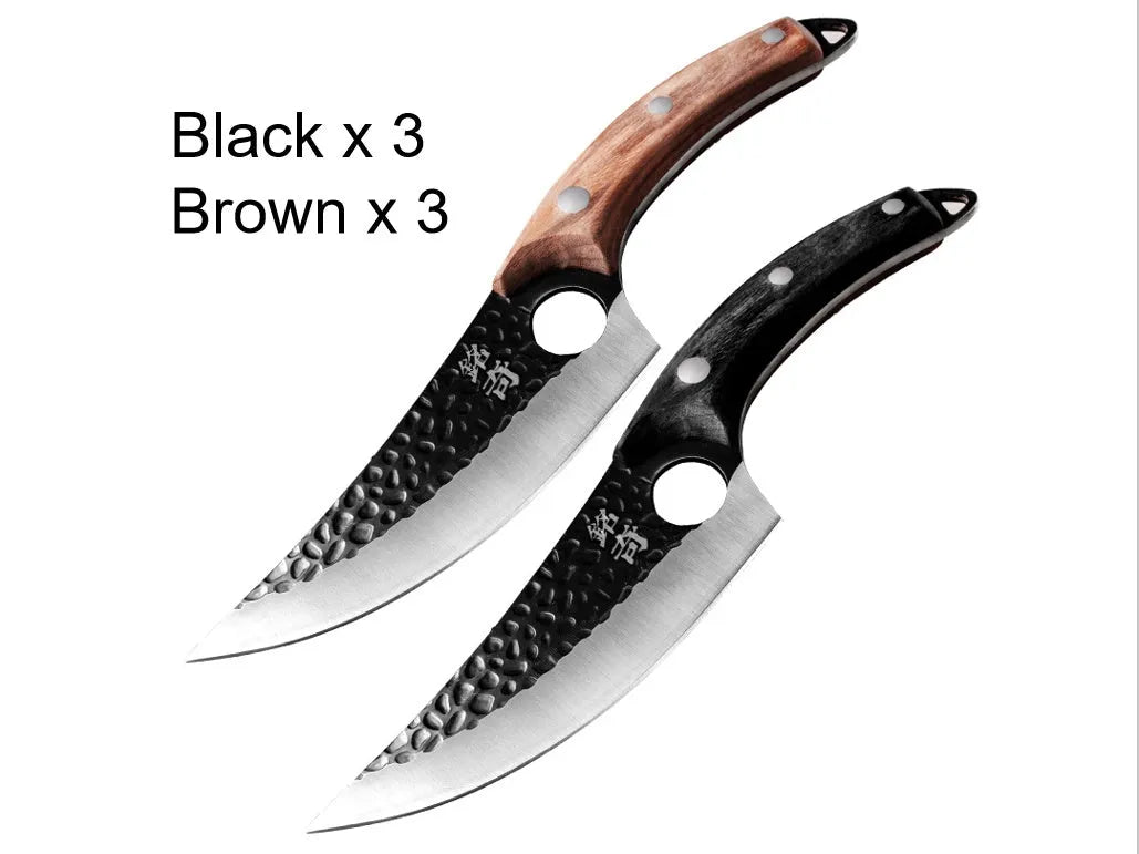 Curved boning butcher knife with hammer-pattern blade and brown leather sheath on a cutting board.