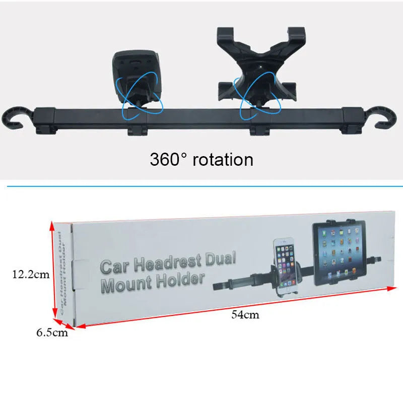 Black universal tablet PC car back seat bracket holding a tablet, with 360-degree rotation feature visible