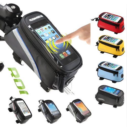 ROSWHEEL black PVC bicycle frame bag for mobile phone mounted on a bike.