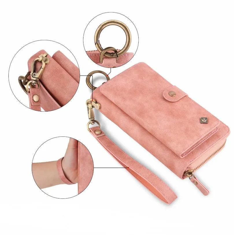 Black imitation leather multi-function wallet phone case for Samsung Galaxy Note8 with zipper closure.