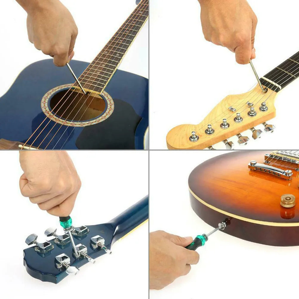 Black plastic case open to show guitar repair and maintenance tools for guitars, basses, mandolins, and banjos.
