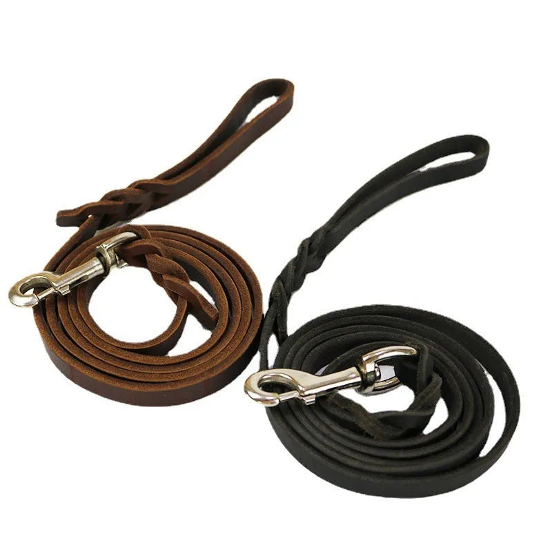 Thickened cowhide dog walking rope in light brown and black colours with multiple length options