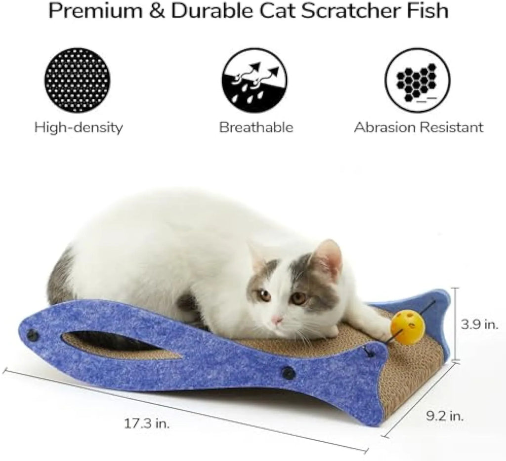 Blue fish-shaped cat scratcher with ball toy on elastic cord and wavy lounge area